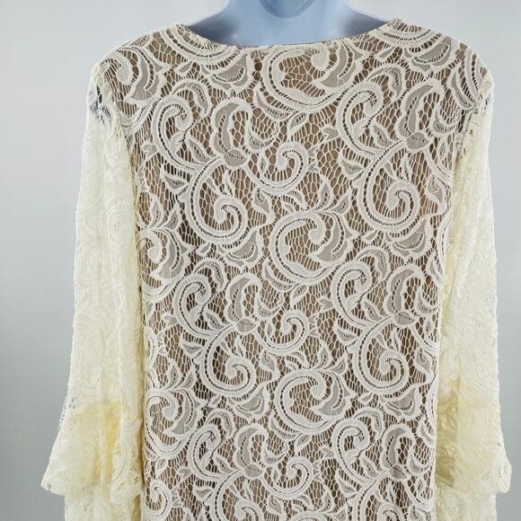 Tacera Cream Lace Overlay Sheer Bell Sleeve Cocktail Party Shift Dress S - Picture 8 of 14
